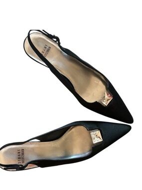 Stuart Weitzman Black Satin Kitten Heels Sling Back 8.5N